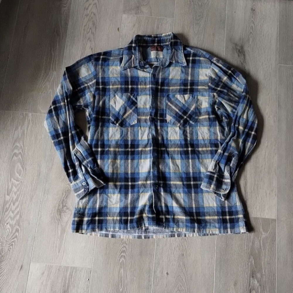 Vintage Kingsport Flannel L 80s Plaid Blue Brown Yellow Button Up Long Sleeve